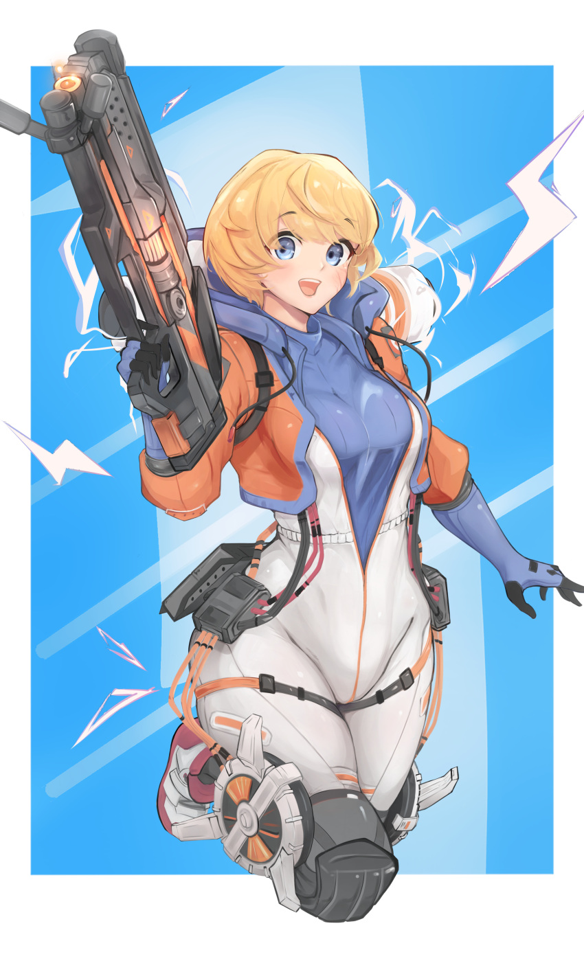 1girl absurdres airborne apex_legends backpack bag bangs blonde_hair blue_eyes bodysuit breasts cable electricity energy_gun eyebrows_visible_through_hair gun havoc_energy_rifle highres holding holding_gun holding_weapon hood hooded_jacket jacket jumping kanotype lichtenberg_figure medium_breasts open_hand open_mouth orange_jacket rifle scar scar_on_cheek scar_on_face shoes short_hair smile sneakers solo wattson_(apex_legends) weapon white_bodysuit