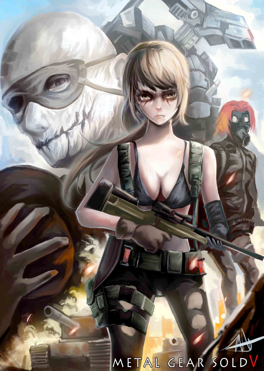 1girl absurdres airgate116 bra brown_hair firearm green_hair gun highres holding holding_gun holding_weapon metal_gear_(series) metal_gear_sahelanthropus metal_gear_solid metal_gear_solid_v navel psycho_mantis quiet_(metal_gear) skull_face torn_clothes torn_legwear underwear weapon