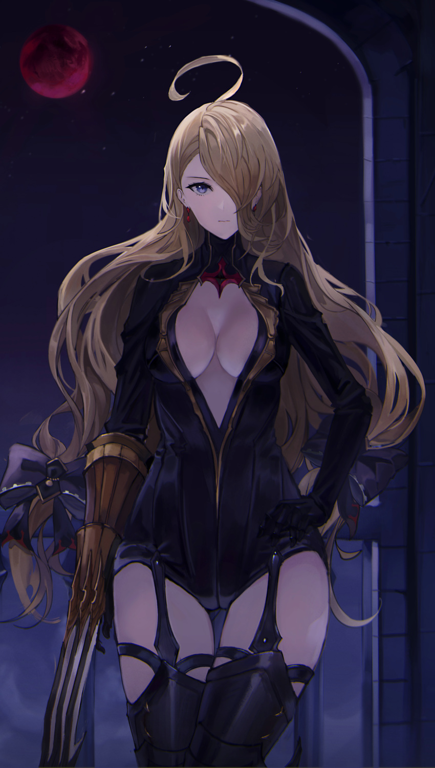 1girl absurdres alternate_costume blonde_hair blue_eyes boots bow breasts closed_mouth earrings eyebrows_visible_through_hair feet_out_of_frame granblue_fantasy hair_bow hair_over_one_eye hand_on_hip highres jewelry long_hair looking_at_viewer medium_breasts moon night night_sky predator_(granblue_fantasy) purple_bow red_moon shichi_(ratorin53) sky solo standing under_boob