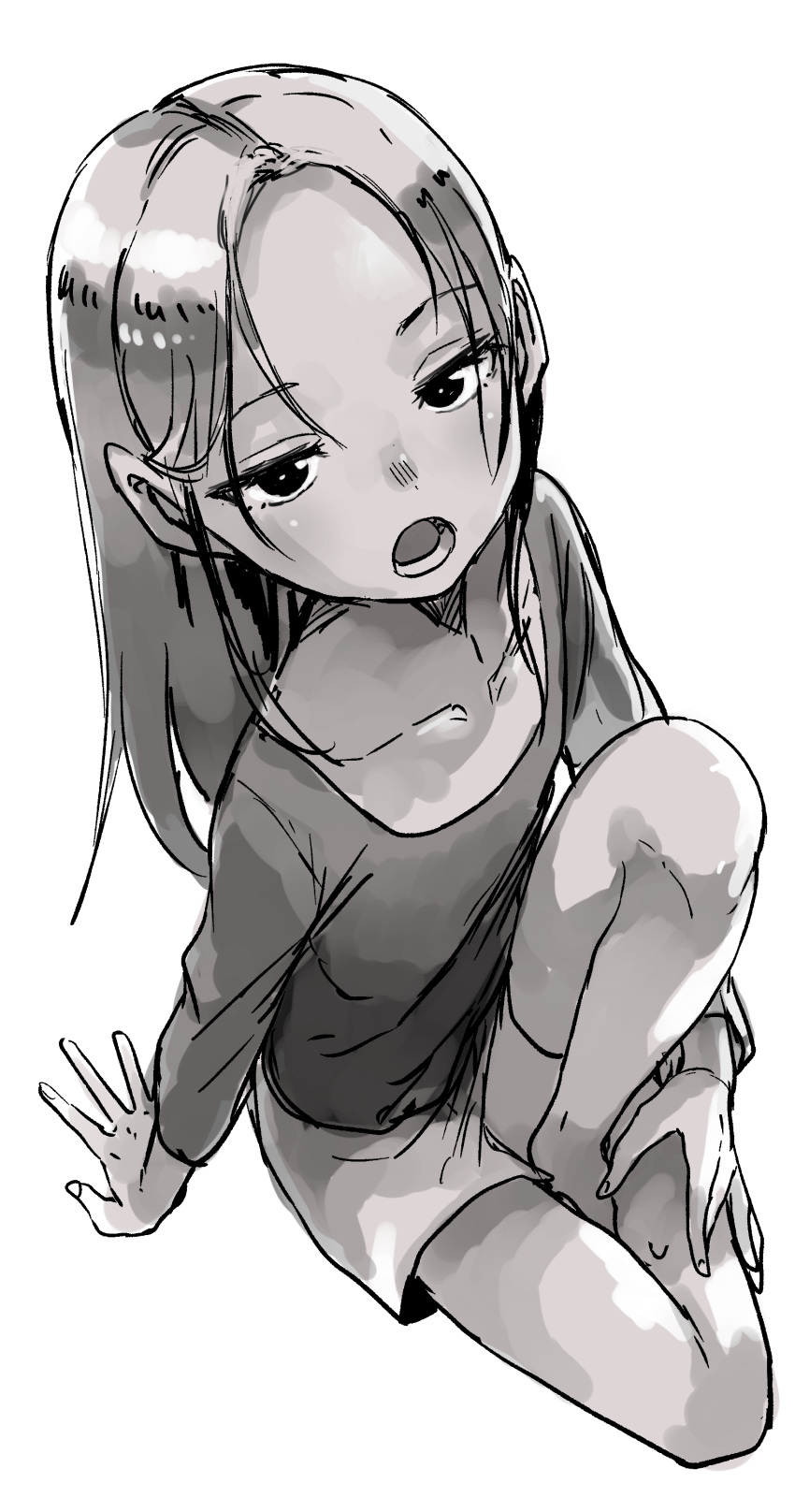 1girl absurdres bangs barefoot collarbone commentary_request forehead full_body greyscale highres knee_up long_hair long_sleeves looking_at_viewer monochrome open_mouth original parted_bangs shirt short_shorts shorts simple_background sitting solo white_background yamamoto_souichirou