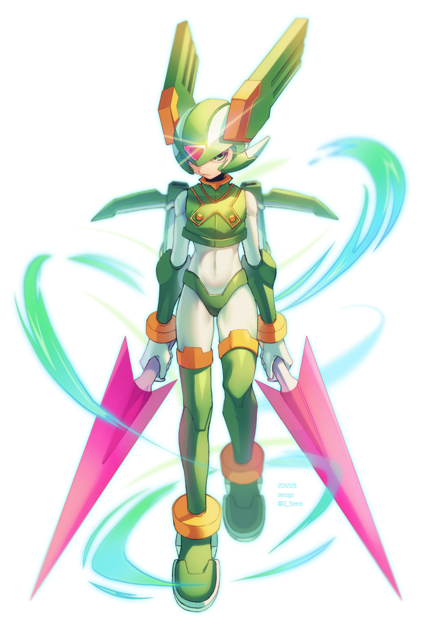 1boy android armor artist_name blurry bodysuit closed_mouth commentary dated depth_of_field dual_wielding full_body glint green_eyes green_headwear harpuia helmet highres holding holding_sword holding_weapon looking_at_viewer male_focus rockman rockman_zero serious simple_background solo standing sword twitter_username weapon white_background zero-go