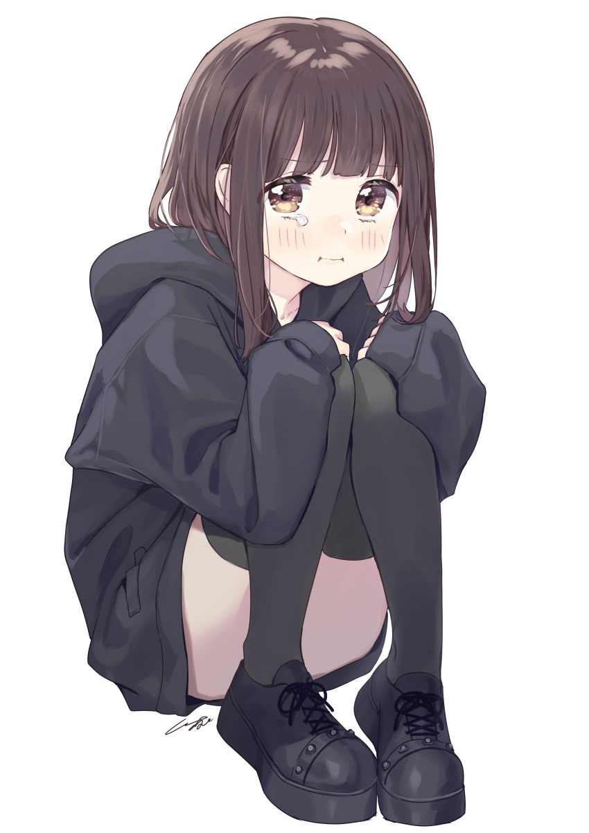 1girl :i absurdres bangs black_footwear black_hoodie black_legwear blunt_bangs blush brown_eyes brown_hair closed_mouth commentary_request eyebrows_visible_through_hair hands_on_own_knees highres hood hood_down hoodie knees_together knees_up long_sleeves looking_at_viewer medium_hair nanase_kurumi_(menhera-chan) original pomu signature simple_background sitting solo tears thigh-highs white_background