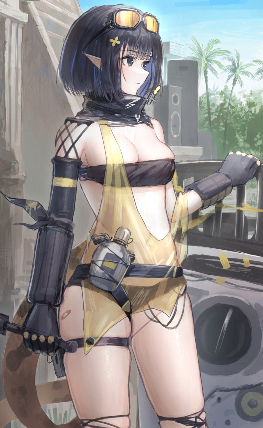 1girl arawado arknights bandeau bangs bare_shoulders belt black_belt black_gloves black_hair blue_eyes blue_sky commentary_request cowboy_shot day eunectes_(arknights) eyebrows_visible_through_hair gloves goggles goggles_on_head highres holding midriff outdoors palm_tree pointy_ears short_hair skindentation sky solo standing strapless tail thigh_strap thighs tree tubetop