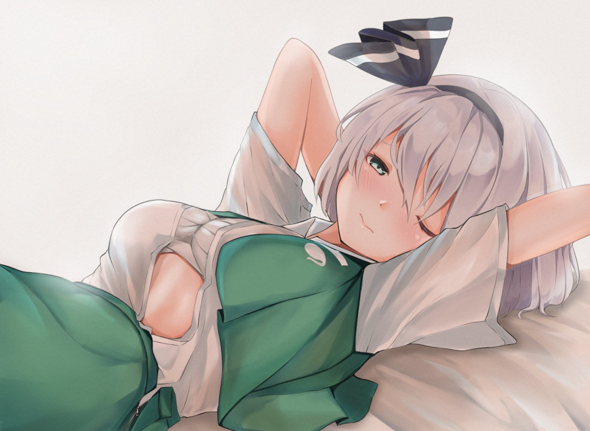 1girl 258n ;) absurdres aqua_eyes arms_up black_hairband black_ribbon blush breasts closed_mouth green_skirt green_vest hair_ribbon hairband highres konpaku_youmu looking_at_viewer lying on_back one_eye_closed open_clothes open_shirt open_vest ribbon sarashi shirt short_hair short_sleeves silver_hair simple_background skirt small_breasts smile solo stretch touhou vest waking_up white_background white_shirt zipper zipper_pull_tab