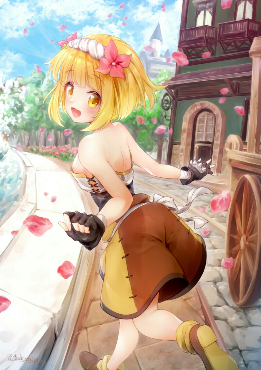 1girl :d back bare_shoulders black_gloves blonde_hair blush bob_cut breasts endro! eyebrows_visible_through_hair fai_fai fingerless_gloves flower from_behind full_body gloves hachimaki hair_flower hair_ornament hairband headband highres looking_at_viewer looking_back medium_breasts open_mouth running sash short_hair shorts side_cutout smile solo spiked_gloves strapless tokoshibyra yellow_eyes