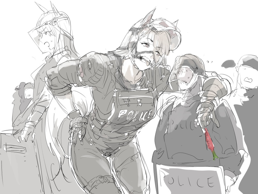 2girls alternate_costume alternate_size animal_ears arm_around_shoulder bridle carrot ear_covers gloves gold_ship hand_on_hip helmet highres horse_ears horse_tail leaning_on_person monochrome multiple_girls police police_uniform riot_shield size_difference sketch spot_color sweatdrop tail tall_female tongue tongue_out umamusume uniform white_hair