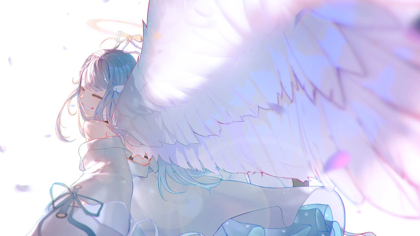 1girl ^_^ ahoge akudou_kairyou amatsuka_uto angel angel_wings blue_bow blue_hair bow chinese_commentary closed_eyes detached_sleeves dress english_commentary feathers floating gradient_hair halo highres indie_virtual_youtuber lens_flare looking_back mixed-language_commentary multicolored_hair perspective silver_hair smile solo virtual_youtuber white_dress wings