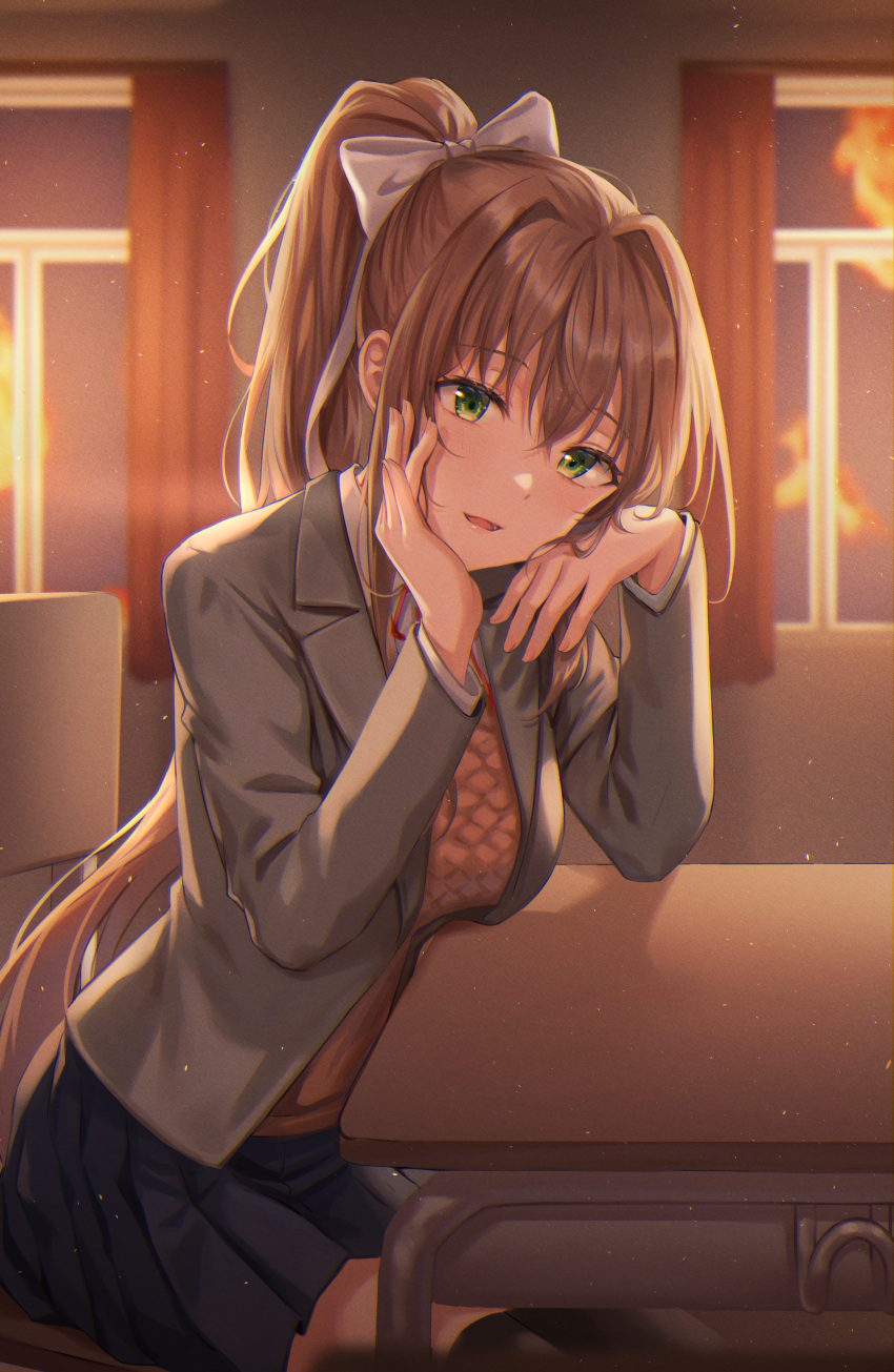 1girl absurdres bangs black_legwear blazer blurry blurry_background bow brown_hair chair classroom curtains desk doki_doki_literature_club from_side green_eyes grey_jacket hair_bow hair_ribbon hand_on_own_cheek hand_on_own_face hands_up highres huge_filesize jacket long_hair long_sleeves looking_at_viewer monika_(doki_doki_literature_club) open_mouth over-kneehighs pleated_skirt ponytail ribbon school_desk school_uniform sitting skirt smile solo thigh-highs tokkyu white_bow white_ribbon