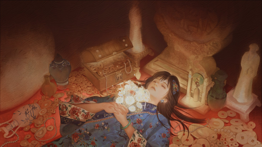 1girl bangs black_hair bracelet closed_eyes earrings flower glowing hands_together highres holding holding_flower jewelry long_hair long_sleeves lying necklace on_back original sbgpand solo statue treasure_chest vase white_flower