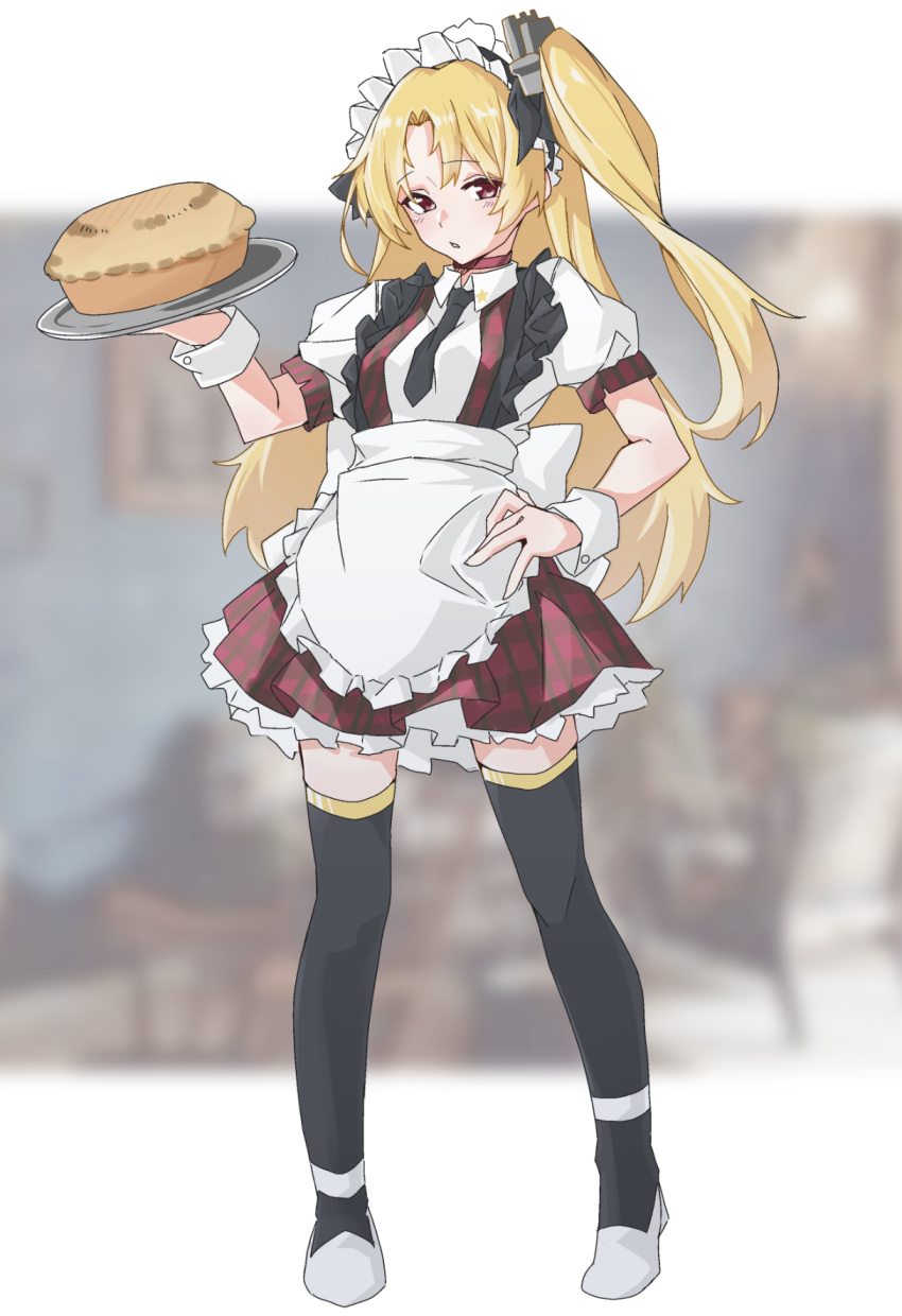 1girl alternate_costume apron azur_lane bangs black_legwear black_neckwear blonde_hair blurry blurry_background breasts bu4321 cleveland_(azur_lane) enmaided food frills hand_on_hip highres holding holding_tray long_hair maid maid_headdress necktie one_side_up pie red_eyes short_sleeves small_breasts solo standing thigh-highs tray white_apron wrist_cuffs
