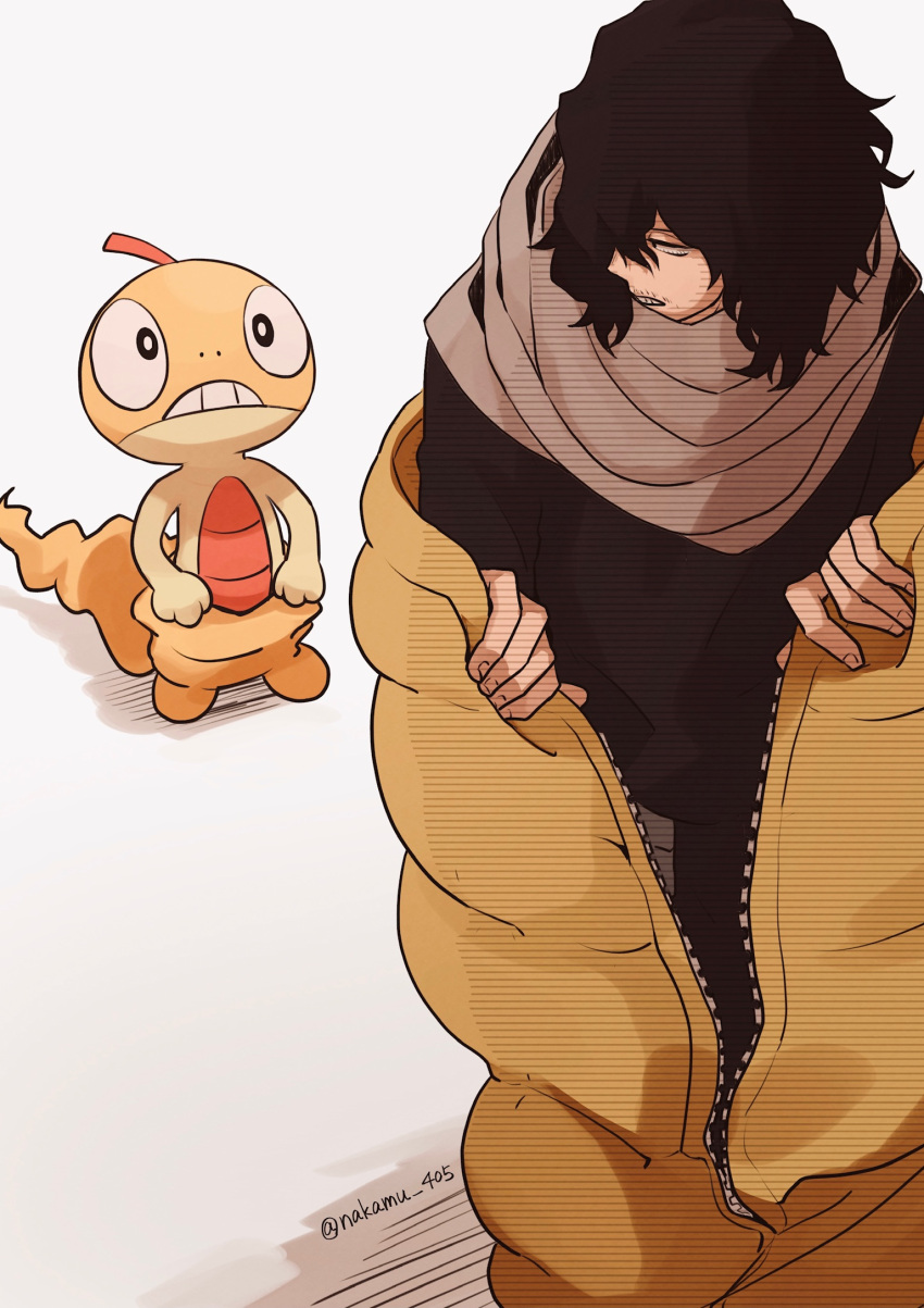 1boy aizawa_shouta artist_name belt_pouch black_eyes black_hair black_shirt bloodshot_eyes boku_no_hero_academia commentary_request crossover facial_hair fingernails gen_5_pokemon highres long_sleeves looking_at_another looking_back medium_hair messy_hair nakamu_405 pokemon pokemon_(creature) pouch scarf scraggy shadow shirt simple_background sleeping_bag standing stubble teeth unzipped white_background