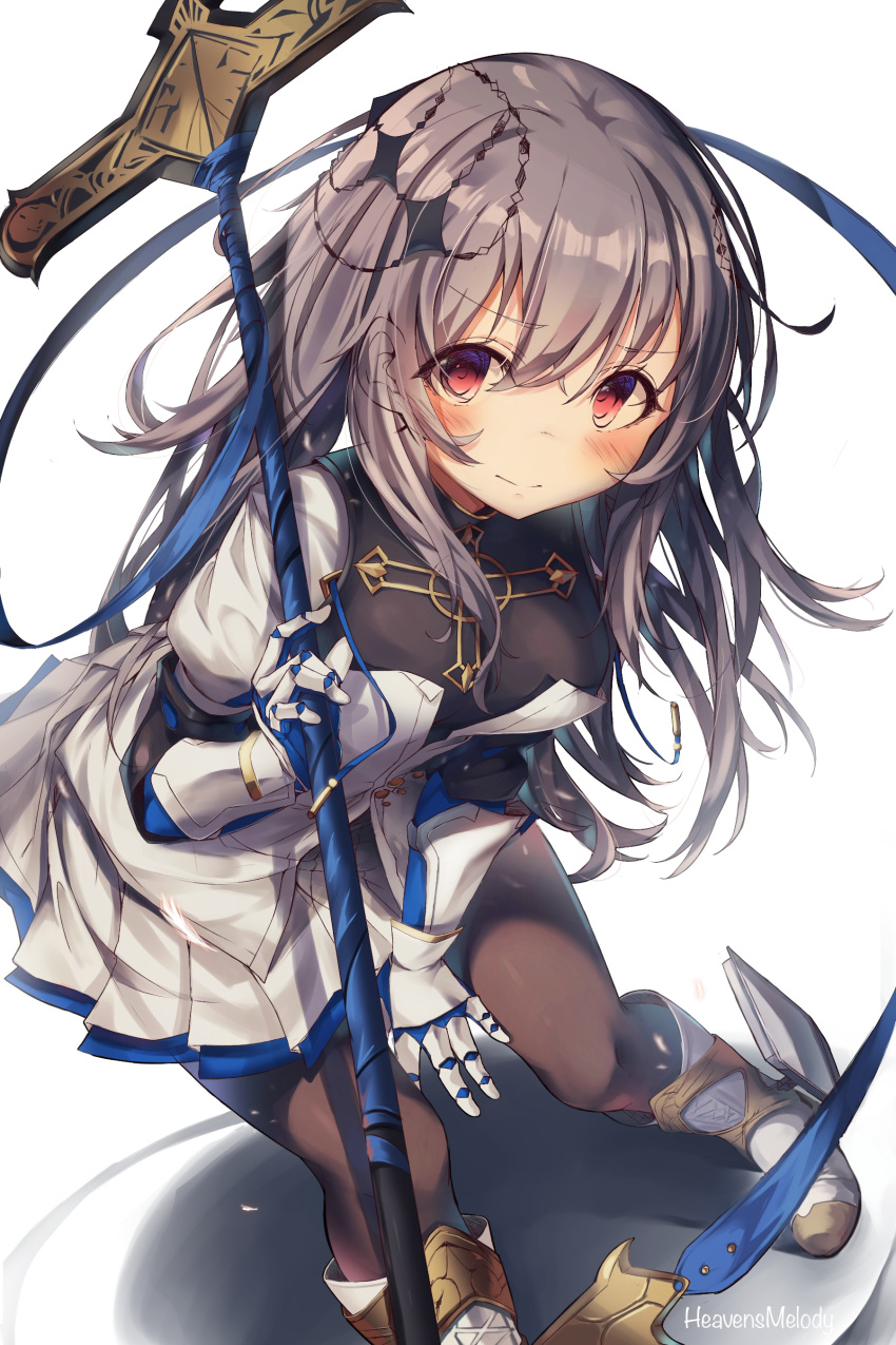 1girl absurdres azur_lane bangs bent_over blush breasts cross ears_visible_through_hair eyebrows_visible_through_hair eyes_visible_through_hair gauntlets grey_hair hair_ornament heaven's_melody highres long_hair looking_at_viewer medium_breasts pleated_skirt polearm red_eyes saint-louis_(azur_lane) sidelocks simple_background skirt smile solo spear weapon white_background younger