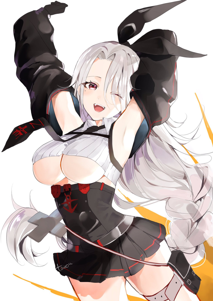 1girl animal_ears artist_name azur_lane black_neckwear black_skirt blush braid braided_ponytail breasts eyebrows_visible_through_hair fake_animal_ears feet_out_of_frame hands_up highres hoerutarou holster large_breasts long_hair looking_at_viewer mole mole_under_eye necktie one_eye_closed open_mouth prinz_heinrich_(azur_lane) red_eyes silver_hair skirt solo standing tank_top under_boob white_background white_tank_top