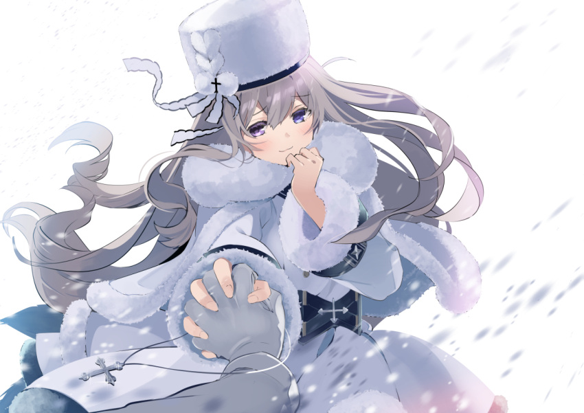 1girl :3 ann_(ann58533111) azur_lane blue_eyes blush capelet coat cross fur-trimmed_capelet fur-trimmed_coat fur_hat fur_trim gloves grey_hair hat heterochromia holding_hands long_hair looking_at_viewer murmansk_(azur_lane) pov pov_hands solo_focus violet_eyes white_coat white_headwear winter_clothes winter_coat