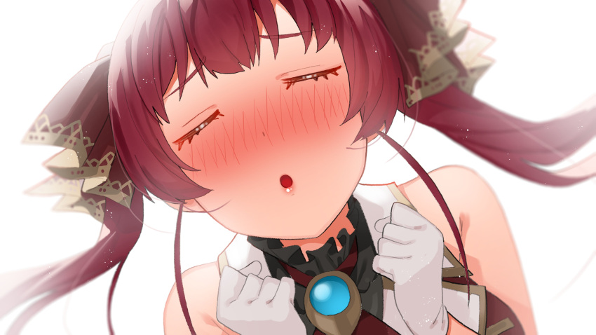 1girl absurdres ascot bangs blush brooch closed_eyes facing_viewer gloves hair_ribbon highres hololive houshou_marine incoming_kiss jewelry long_hair puckered_lips red_neckwear red_ribbon redhead ribbon simple_background solo tonarikeru twintails upper_body virtual_youtuber white_background white_gloves