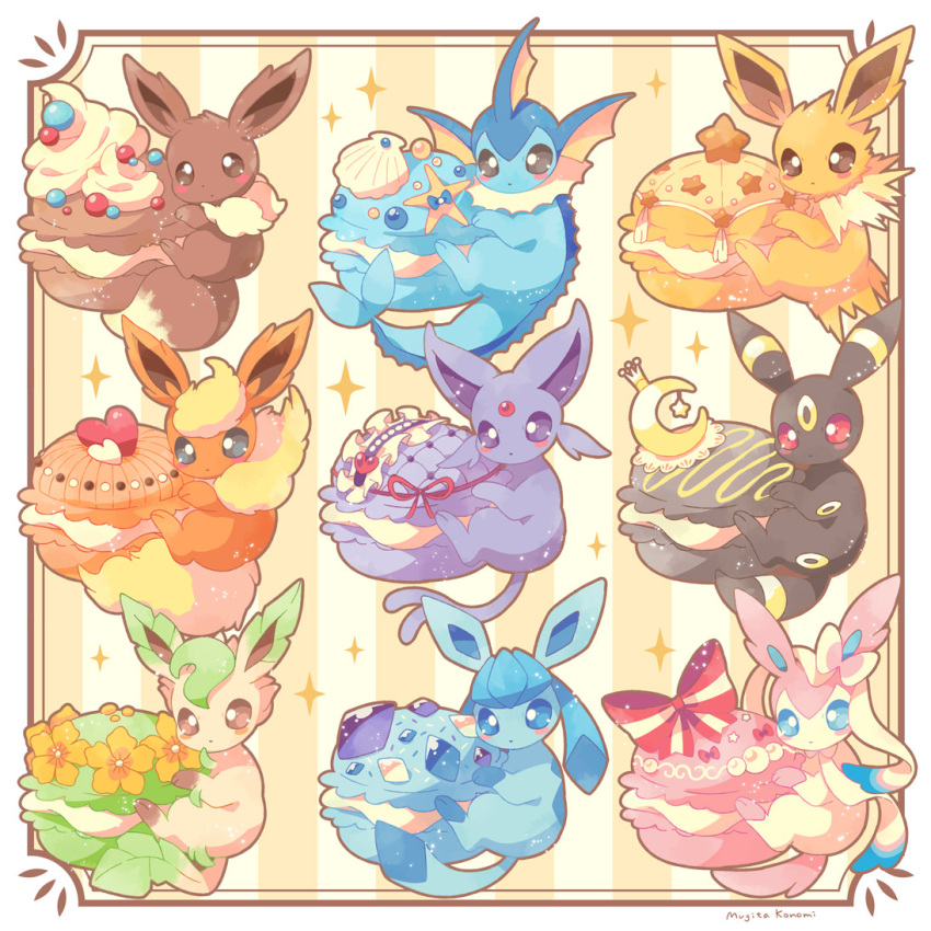 blue_eyes blush_stickers bow brown_eyes commentary_request eevee espeon flareon flower food framed gen_1_pokemon gen_2_pokemon gen_4_pokemon gen_6_pokemon glaceon heart jippe jolteon leafeon macaron no_humans paws pokemon pokemon_(creature) ribbon seashell shell sparkle sylveon toes umbreon vaporeon violet_eyes