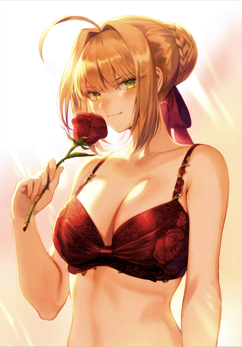 1girl absurdres ahoge bare_shoulders blonde_hair bra breasts fate/grand_order fate_(series) flower green_eyes hair_bun highres holding lingerie looking_at_viewer mashuu_(neko_no_oyashiro) medium_breasts nero_claudius_(fate)_(all) rose scan shiny shiny_hair simple_background smile solo tied_hair underwear upper_body