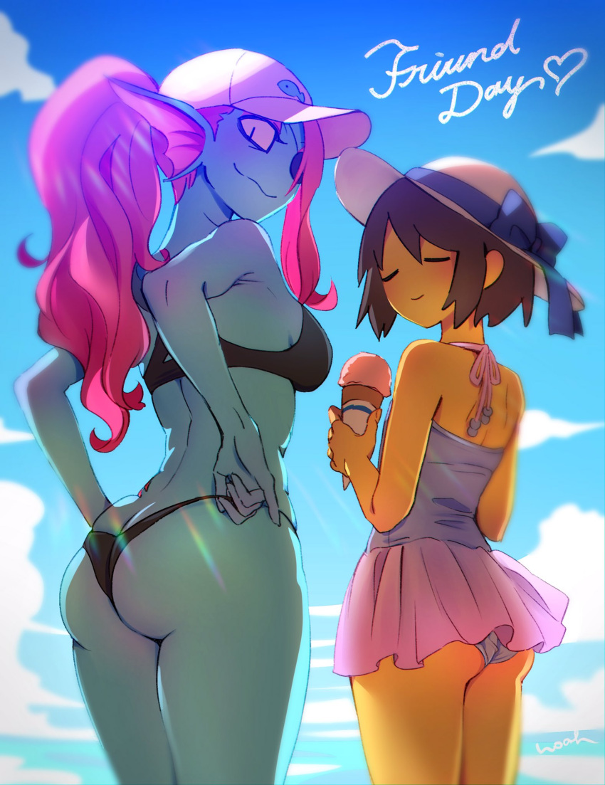 1girl 1other androgynous artist_name ass bangs bare_arms bare_shoulders bikini black_bikini blue_bow blue_skin bow breasts brown_hair closed_eyes colored_skin cowboy_shot day fins food frisk_(undertale) from_behind from_side hat heart highres ice_cream ice_cream_cone long_hair looking_at_viewer looking_back medium_breasts noaharbre outdoors panties pink_hair ponytail redhead short_hair skindentation smile swimsuit undertale underwear undyne white_headwear white_panties