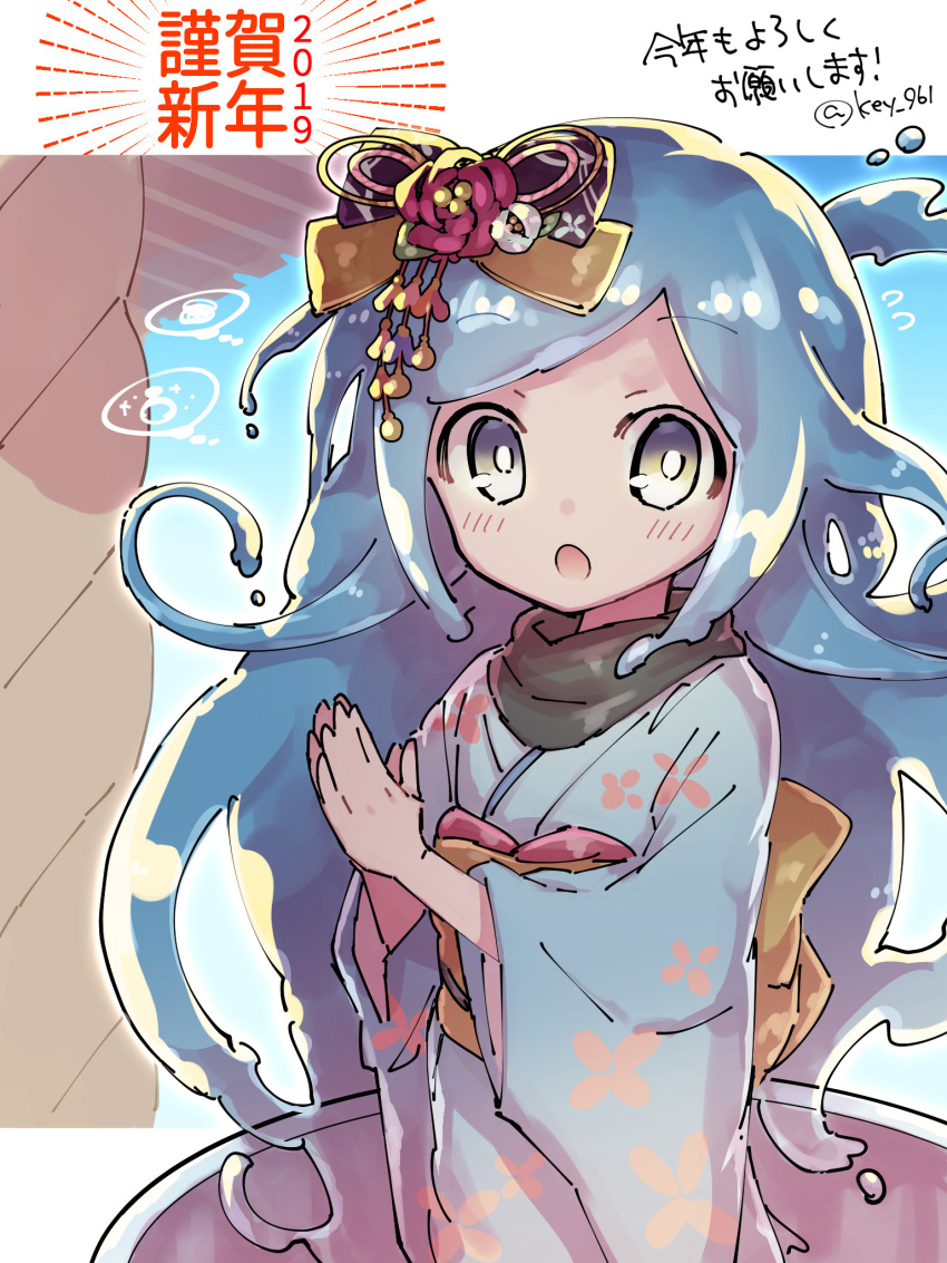 1girl 2019 :o black_scarf blue_eyes blue_hair blue_kimono blue_slime blush bow eyebrows_visible_through_hair floral_print flower flying_sweatdrops furisode hair_bow hair_flower hair_ornament hands_clasped happy_new_year hatsumoude highres in_container japanese_clothes jar jewelry kanzashi key_961 kimono liquid_hair long_hair looking_at_viewer looking_to_the_side merc_(merc_storia) merc_storia minigirl monster_girl new_year obi open_mouth own_hands_together palms_together praying ring sash scarf shrine slime_girl solo speech_bubble spoken_object spoken_squiggle squiggle twitter_username waist_bow yellow_bow