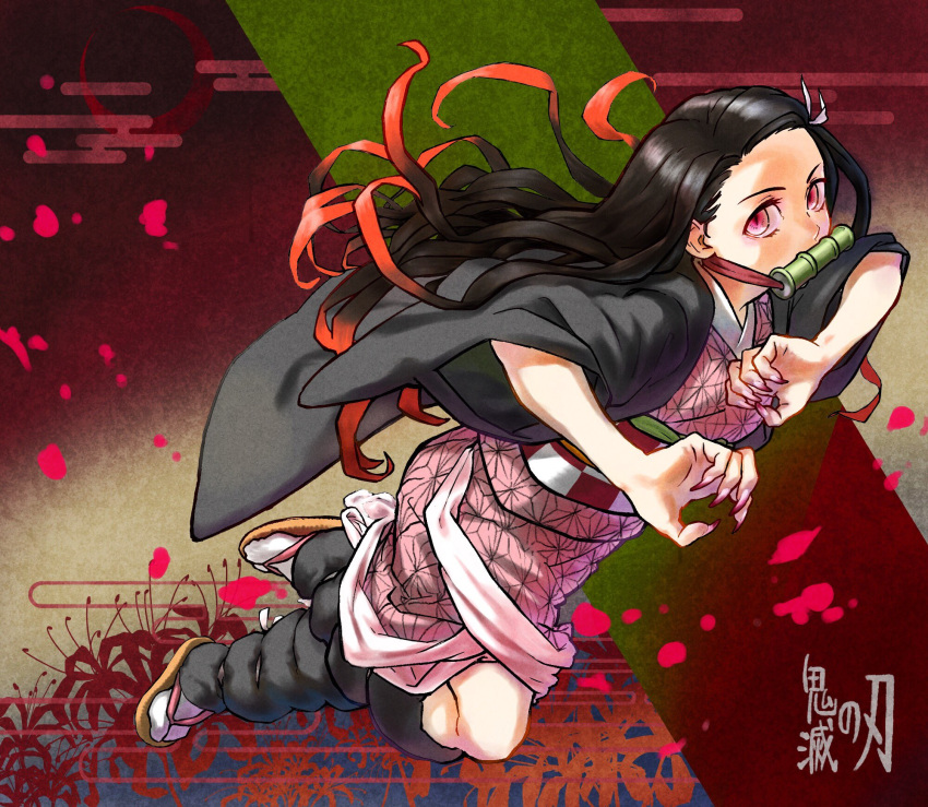 1girl bamboo bit_gag black_hair checkered commentary_request fingernails flower forehead gag green_background hair_ribbon highres japanese_clothes kamado_nezuko kimetsu_no_yaiba kimono long_hair mouth_hold multicolored_hair obi pink_eyes pink_kimono pink_ribbon red_background redhead ribbon sandals sash sharp_fingernails socks solo two-tone_hair very_long_hair yomoyama_yotabanashi