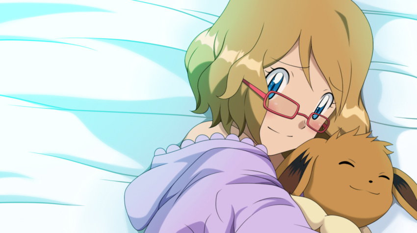 1girl aki_(yunkana) bangs bed_sheet bespectacled blue_eyes blush closed_mouth commentary_request eevee eyelashes from_above gen_1_pokemon glasses hood hood_down light_brown_hair looking_to_the_side lying on_side pajamas pokemon pokemon_(anime) pokemon_(creature) pokemon_xy_(anime) raised_eyebrows serena_(pokemon) short_hair smile