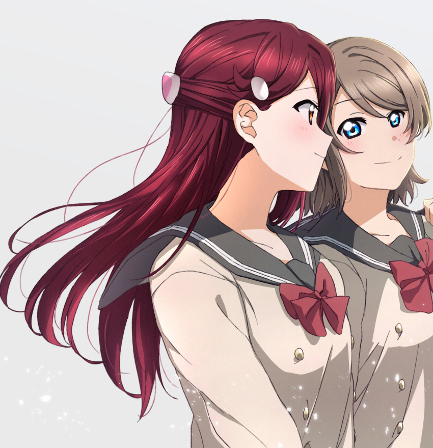 2girls absurdres blouse blue_eyes grey_hair hair_ornament hairclip half_updo highres long_hair looking_at_another love_live! love_live!_sunshine!! multiple_girls neckerchief red_neckwear redhead sailor_collar sakurauchi_riko school_uniform serafuku short_hair short_sleeves summer_uniform tie_clip uranohoshi_school_uniform wall_slam watanabe_you white_blouse yellow_eyes yuchi_(salmon-1000) yuri