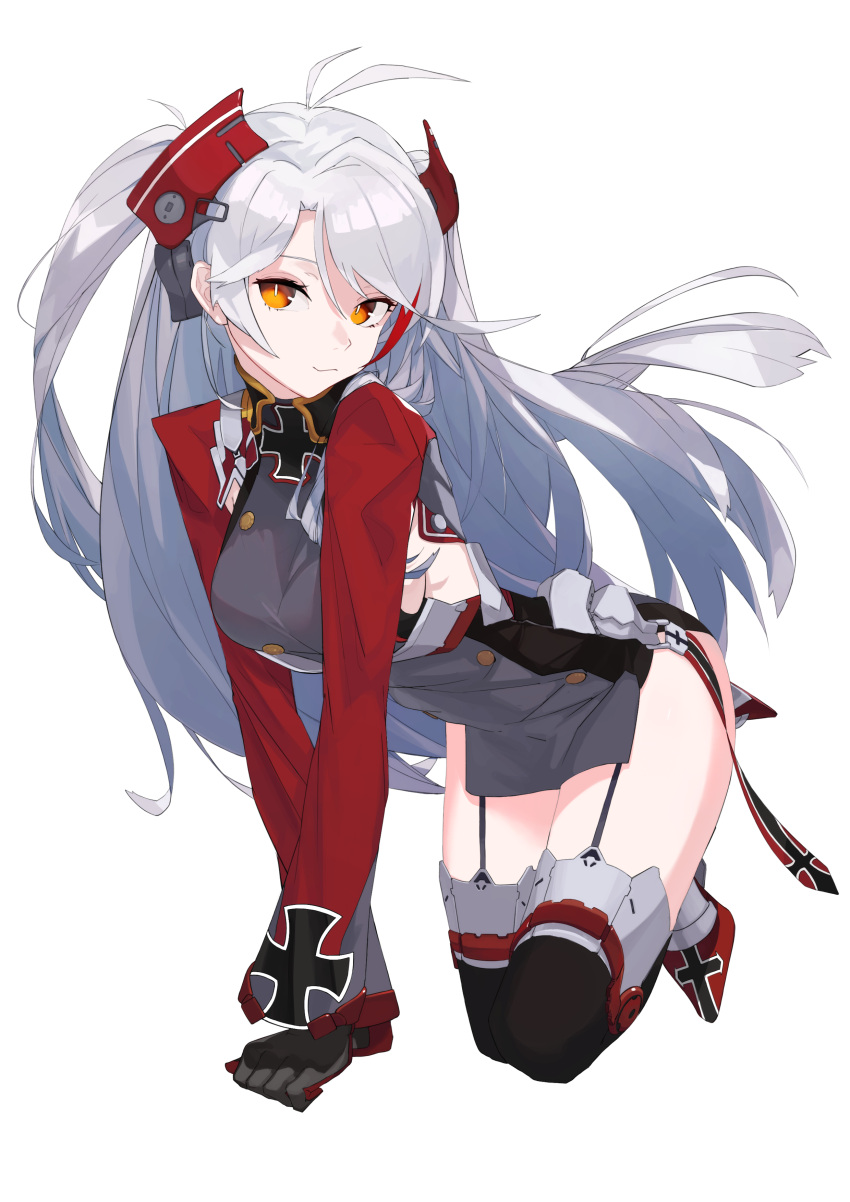 1girl :3 absurdres all_fours aoiro_(t_aoiro123) azur_lane breasts commentary_request eyebrows_visible_through_hair garter_straps gloves grey_hair highres iron_cross long_hair long_sleeves looking_at_viewer multicolored_hair prinz_eugen_(azur_lane) redhead sideboob smile solo streaked_hair thigh-highs twintails very_long_hair white_background yellow_eyes