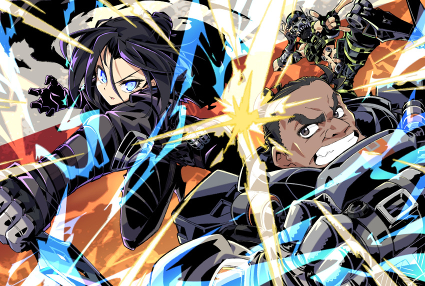 1girl 2boys \n/ apex_legends armor bangs black_eyes black_hair black_scarf blue_eyes clenched_hand clenched_teeth cropped_vest electricity floating_hair floating_scarf gibraltar_(apex_legends) glowing glowing_eyes goggles green_vest hair_behind_ear hair_bun hand_on_goggles highres holding holding_knife knife looking_up mask mechanical_legs midriff mouth_mask multiple_boys mutsuki_riichi navel octane_(apex_legends) open_hand open_mouth parted_bangs scarf science_fiction teeth vest wraith_(apex_legends)