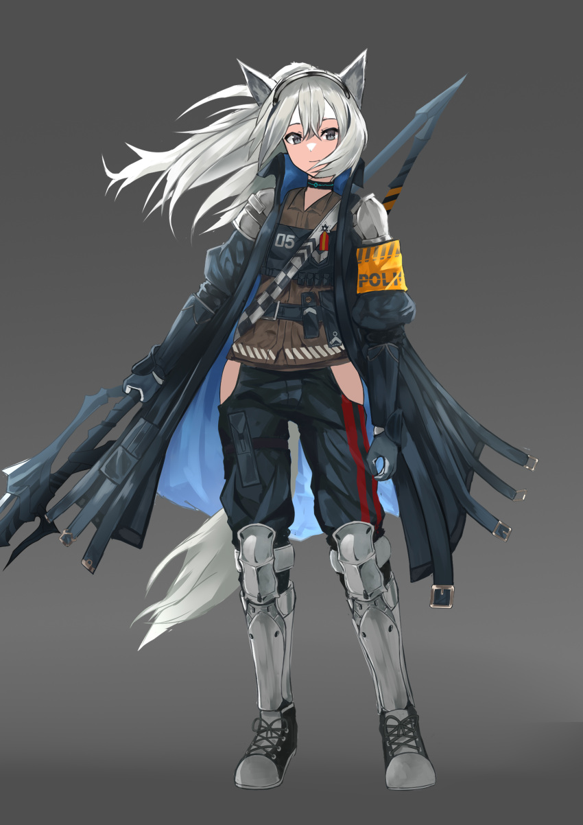 1girl absurdres animal_ears arknights armband bangs blue_coat blue_pants breasts brown_shirt coat english_commentary flat_chest full_body gauntlets gloves grani_(arknights) greaves grey_background grey_eyes grey_footwear grey_gloves grey_hair grey_headwear highres hip_vent holding holding_spear holding_weapon horse_ears horse_girl horse_tail infection_monitor_(arknights) long_hair looking_at_viewer multiple_straps open_clothes open_coat pants polearm ponytail popped_collar shirt shoes shoulder_guard silver_hair small_breasts smile sneakers solo spear su_(septyanss) tail visor_cap weapon