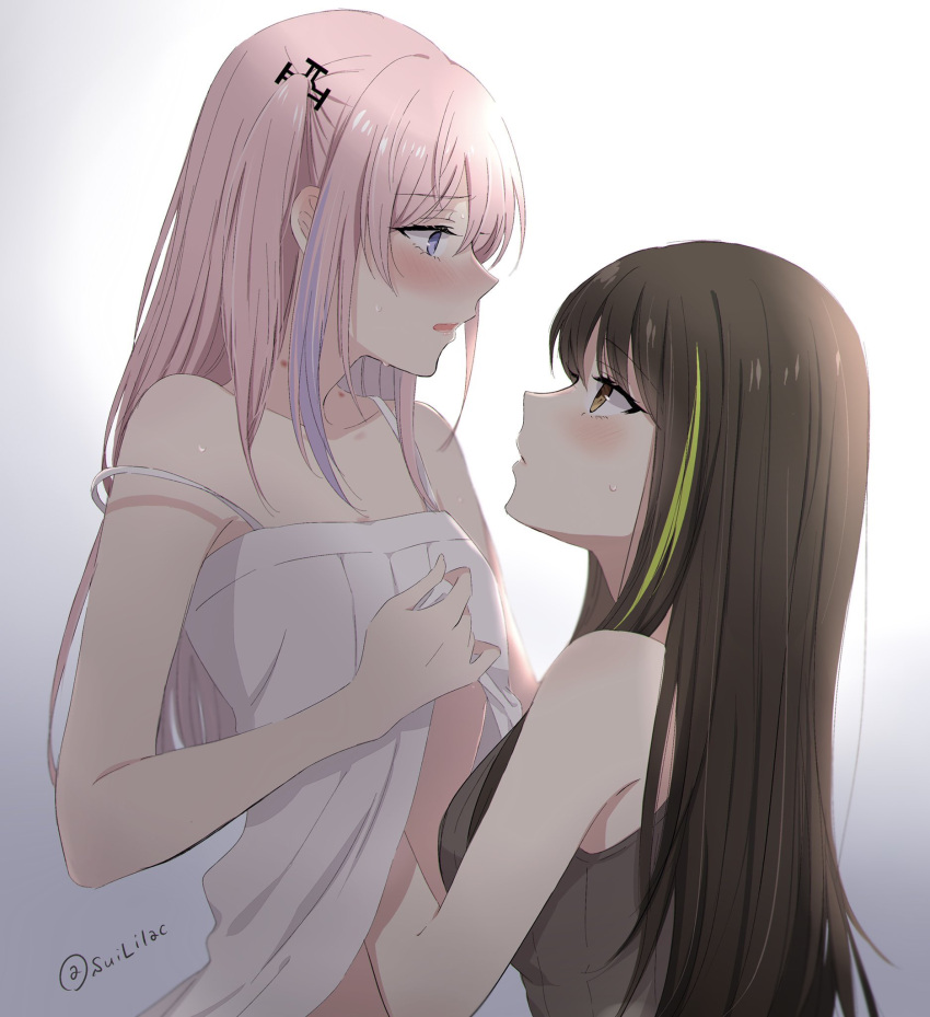 2girls artist_name bangs bare_shoulders blue_eyes blush breast_hold breasts brown_eyes brown_hair brown_sweater collarbone dress eyebrows_visible_through_hair girls_frontline hand_on_own_chest highres long_hair looking_at_another m4a1_(girls_frontline) multicolored_hair multiple_girls open_mouth pink_hair simple_background st_ar-15_(girls_frontline) sui_(camellia) sweatdrop sweater white_dress yuri