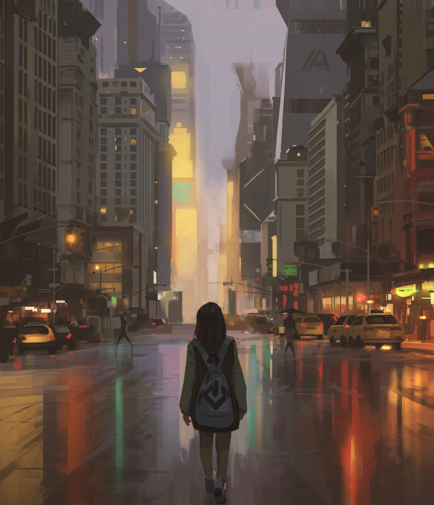 1girl backpack bag building car city city_lights cityscape english_commentary ground_vehicle highres long_hair long_sleeves motor_vehicle original outdoors rain reflective_floor road scenery skyscraper snatti street traffic_light umbrella walking