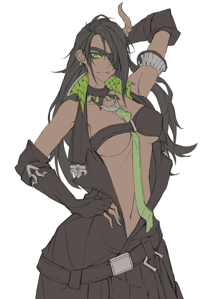 1girl :q absurdres aragami_oga arm_behind_head belt black_gloves black_hair breasts dark_skin dark-skinned_female earrings eyepatch fingerless_gloves genderswap genderswap_(mtf) gloves green_eyes hand_up highres holostars horns jewelry long_hair looking_at_viewer navel necktie open_mouth simple_background single_horn smile solo tongue tongue_out tsumeki virtual_youtuber white_background