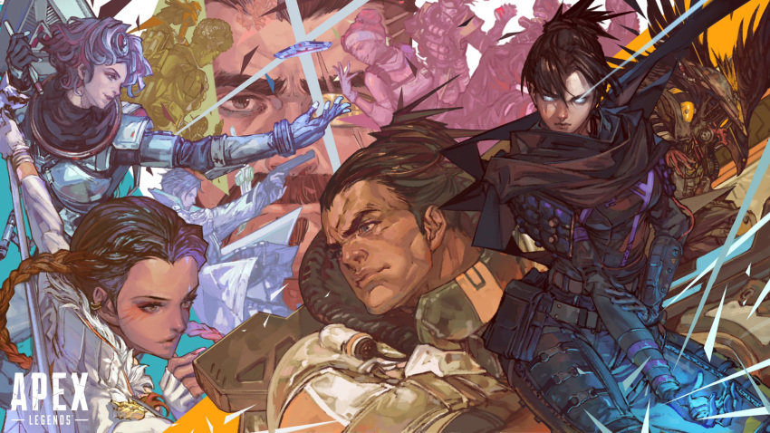 1other 5girls 6+boys ambiguous_gender apex_legends bangalore_(apex_legends) bird black_hair bloodhound_(apex_legends) blue_eyes braid breasts brown_eyes caustic_(apex_legends) crow crypto_(apex_legends) dark_skin dark-skinned_female dark_skinned_male double_bun eyeshadow facial_hair fuse_(apex_legends) gas_mask gibraltar_(apex_legends) glowing glowing_eyes goggles goggles_on_head gun hair_behind_ear handgun helmet highres holding holding_gun holding_weapon horizon_(apex_legends) humanoid_robot jacket kazama_raita leaning_back lifeline_(apex_legends) loba_(apex_legends) looking_down makeup medium_breasts multiple_boys multiple_girls mustache octane_(apex_legends) one-eyed one_eye_covered open_hand orange_hair pathfinder_(apex_legends) pistol red_eyeshadow redhead revenant_(apex_legends) science_fiction short_hair soul_patch twin_braids weapon white_eyes white_jacket wraith_(apex_legends) yellow_eyes