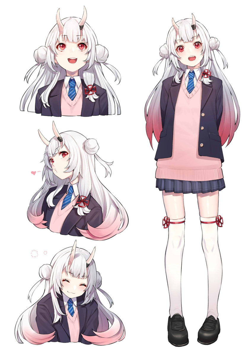 1girl :3 absurdres arms_behind_back black_footwear blazer blue_neckwear cardigan_vest closed_eyes double_bun fang full_body gradient_hair hair_ribbon highres hololive horns jacket long_hair looking_at_viewer looking_up mikan_(chipstar182) multicolored_hair multiple_views nakiri_ayame necktie o3o open_blazer open_clothes open_jacket open_mouth pleated_skirt red_eyes redhead ribbon school_uniform simple_background skindentation skirt solo standing thigh-highs tress_ribbon upper_body virtual_youtuber white_background white_hair white_legwear