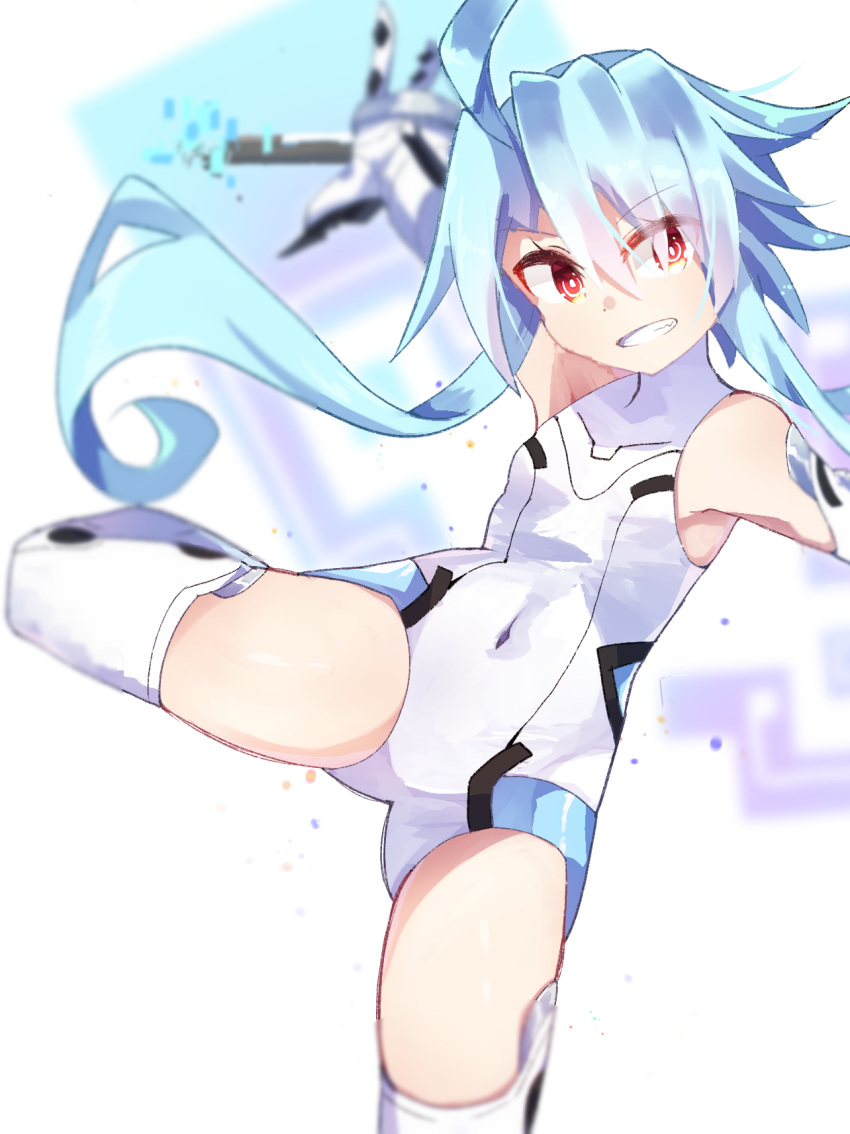 1girl ahoge bare_shoulders blush breasts elbow_gloves gloves grin hair_between_eyes highres holding holding_weapon leotard light_blue_hair loli looking_at_viewer neptune_(series) power_symbol red_eyes shimeji_wyvern short_hair_with_long_locks small_breasts solo symbol-shaped_pupils thigh-highs weapon white_gloves white_heart white_leotard