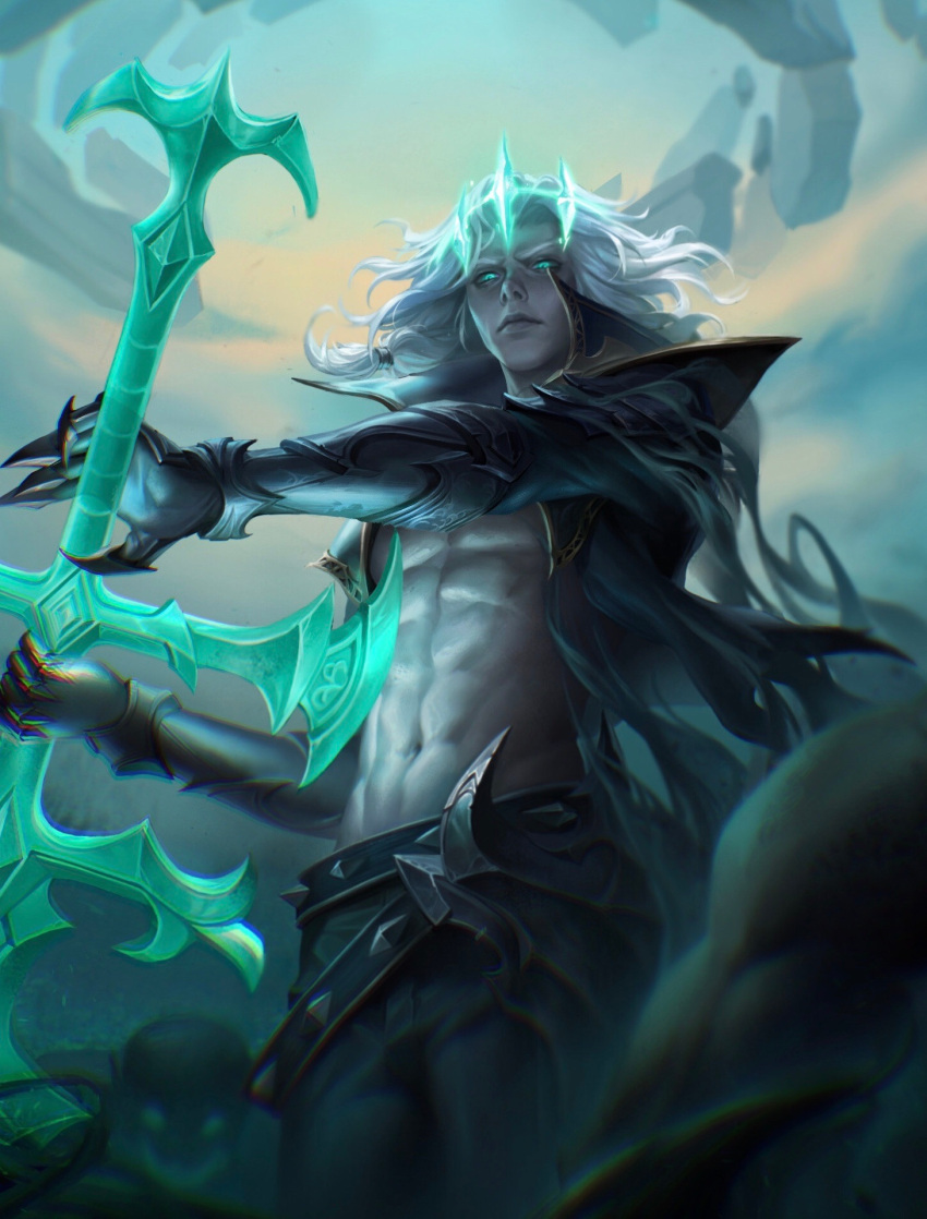 1boy armor bare_pecs belt chaidision clawed_gauntlets closed_mouth colored_skin cropped crown floating_rock gauntlets glowing green_eyes highres holding holding_sword holding_weapon league_of_legends male_focus md5_mismatch monster navel open_mouth outdoors rock smoke solo_focus sword vambraces viego_(league_of_legends) weapon white_hair white_skin zweihander