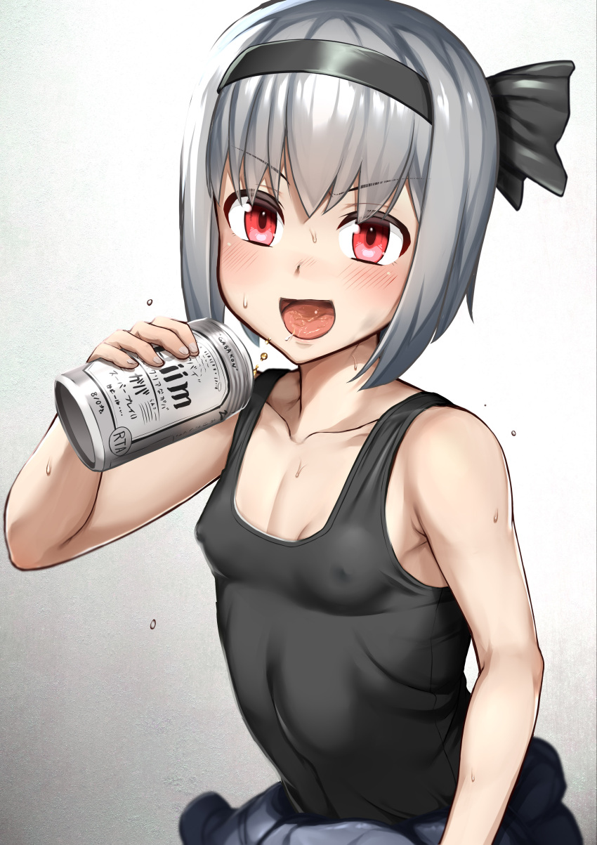 1girl :d absurdres alternate_costume bangs biim_(cookie) black_hairband black_ribbon black_tank_top blush breasts can character_name collarbone commentary_request cookie_(touhou) covered_nipples eyebrows_visible_through_hair gradient gradient_background grey_background hair_between_eyes hair_ribbon hairband highres holding holding_can konpaku_youmu looking_at_viewer open_mouth red_eyes ribbon short_hair silver_hair sinzen small_breasts smile solo tank_top tongue touhou upper_body