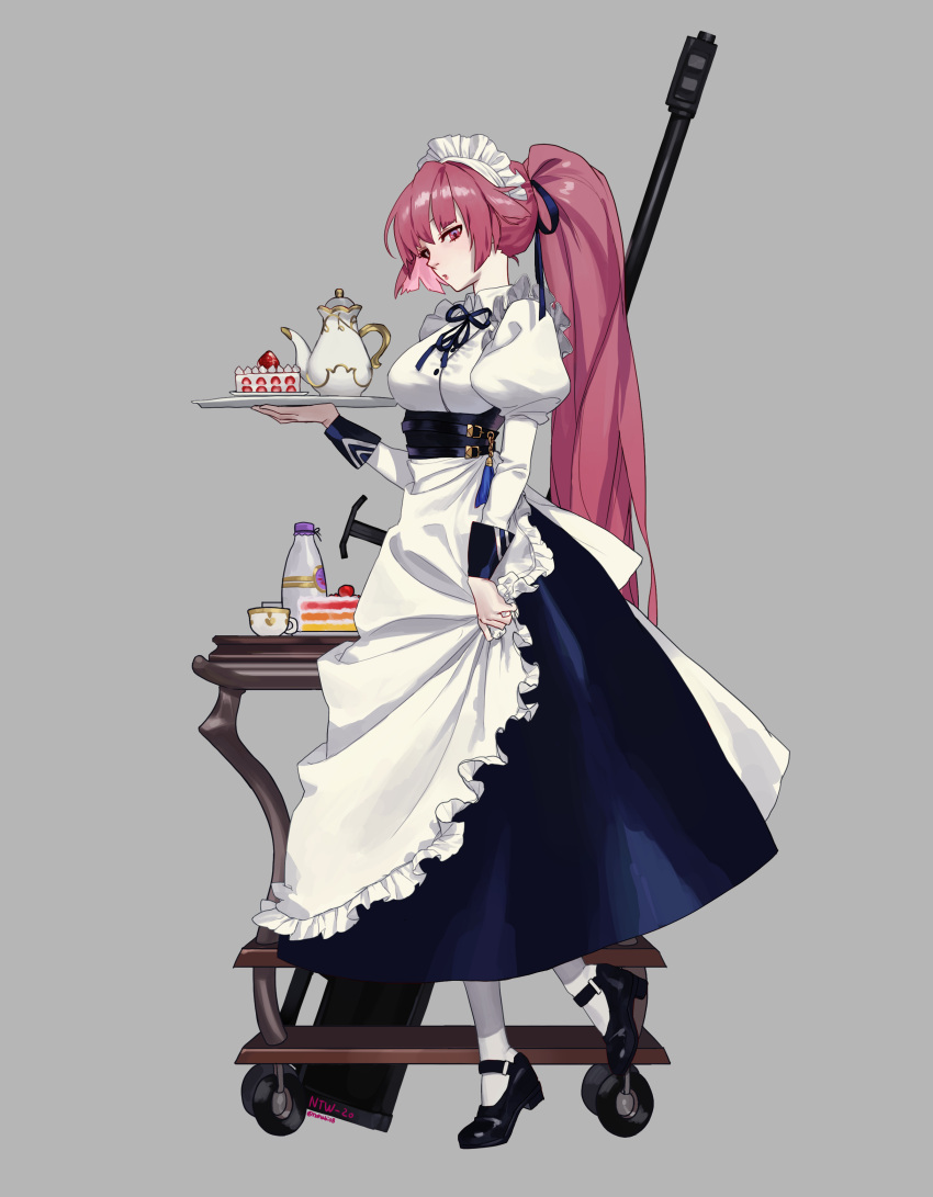 1girl absurdres apron artist_name black_footwear blue_ribbon blush breasts character_name closed_mouth food girls_frontline grey_background hair_ornament hair_ribbon hairclip highres holding holding_tray lips long_hair looking_at_viewer maid maid_apron maid_headdress ntw-20_(girls_frontline) ponytail profile purple_hair ribbon skirt_hold sobi_(dnenqkswja) solo standing standing_on_one_leg tray violet_eyes white_legwear