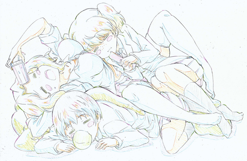 3girls :i =_= absurdres alisa_(girls_und_panzer) bangs blazer blouse blush_stickers bubble_blowing chewing_gum closed_eyes closed_mouth collared_blouse color_trace colored_pencil_(medium) commentary cup disposable_cup dress_shirt drinking_straw fork freckles frown girls_und_panzer hair_intakes hair_ornament highres holding holding_cup holding_fork jacket kay_(girls_und_panzer) kitazinger long_hair long_sleeves lying miniskirt multiple_girls naomi_(girls_und_panzer) necktie on_back on_person on_side on_stomach open_clothes open_jacket open_mouth pleated_skirt saunders_school_uniform school_uniform shirt short_hair short_twintails skirt sleeves_rolled_up socks star_(symbol) star_hair_ornament thigh-highs traditional_media twintails very_short_hair wing_collar