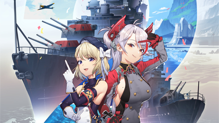 2girls absurdres aircraft alternate_uniform azur_lane beret blonde_hair blue_sky bow breasts closed_mouth cross cross_necklace eyebrows_visible_through_hair gloves hair_bow hair_ornament hair_ribbon hand_up hat highres index_finger_raised jewelry large_breasts long_hair looking_at_viewer medium_hair military military_vehicle mole mole_on_breast multiple_girls necklace ocean open_mouth prinz_eugen_(azur_lane) red_eyes red_gloves ribbon shinidei ship silver_hair sky smile tongue tongue_out twintails violet_eyes warship water watercraft white_bow white_gloves white_ribbon z23_(azur_lane)