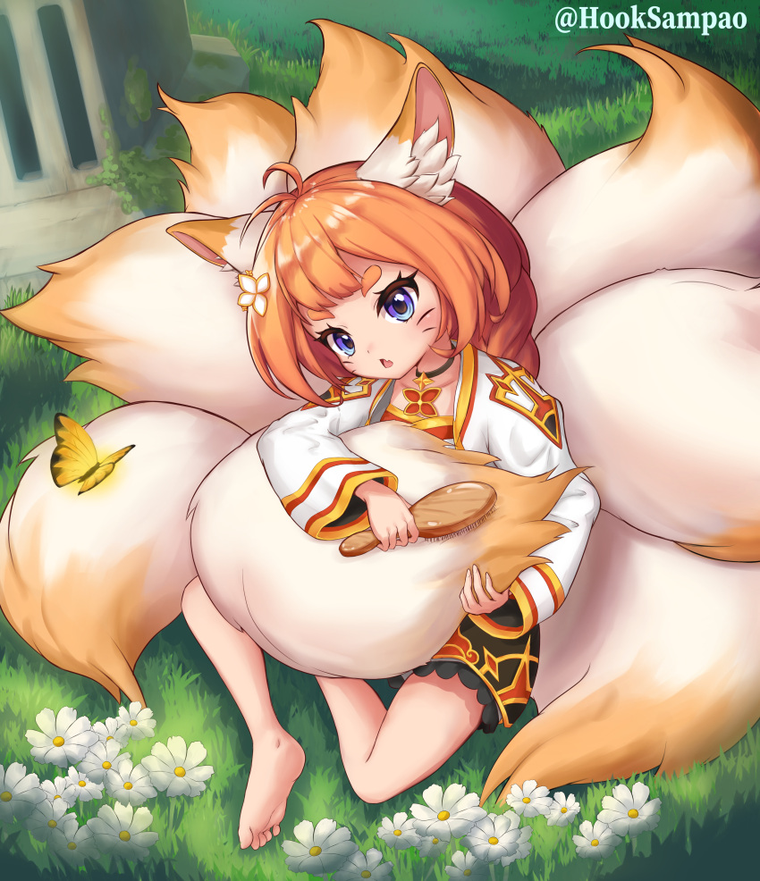 1girl absurdres animal_ears barefoot blue_eyes bug butterfly collar eight-tailed_fox_nari feet flower fox_ears fox_girl fox_tail grass guardian_tales highres hooksampao huge_filesize insect loli multiple_tails nature necklace open_mouth orange_hair solo tail white_flower yellow_butterfly