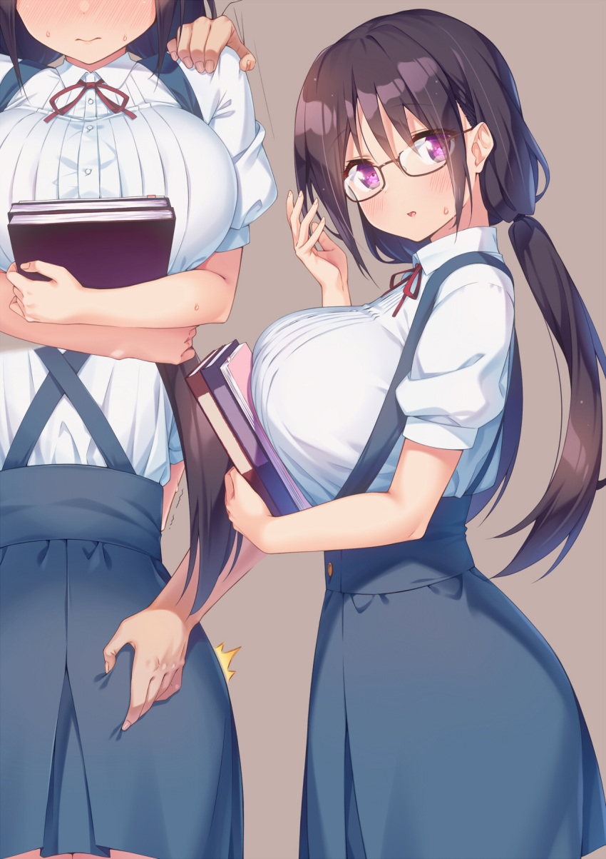 1girl ass_grab bangs black_hair blush book bow bowtie breast_press breasts copyright_request glasses hand_on_another's_shoulder hand_up hands highres ichi_makoto large_breasts long_hair looking_at_viewer low_twintails original red_neckwear semi-rimless_eyewear simple_background skirt solo_focus suspender_skirt suspenders sweat trembling twintails under-rim_eyewear violet_eyes