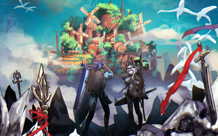 1boy 1girl aircraft airship backpack bag bird black_legwear blue_sky clouds highres lizardman long_hair outdoors pale_skin phima pixiv_fantasia pixiv_fantasia_mountain_of_heaven planted_weapon polearm sheath sheathed shield sky spear standing sword weapon white_hair windmill