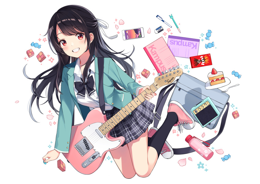 1girl :d absurdres bangs black_hair black_neckwear blazer blush bottle bow bowtie breasts cake candy cellphone electric_guitar eraser eyebrows_visible_through_hair food fork guitar hair_ornament hair_ribbon highres holding instrument jacket kneehighs long_hair long_sleeves looking_at_viewer notebook open_mouth original pen phone pleated_skirt pocky red_eyes ribbon school_uniform shirt shoes skirt smile swept_bangs teeth telecaster uniform water_bottle white_ribbon white_shirt yaruwashi