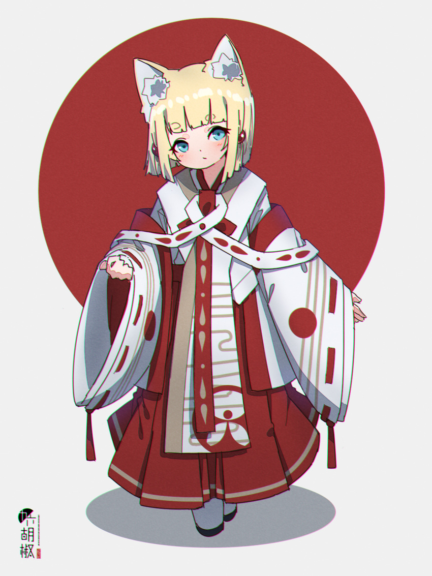 1girl animal_ear_fluff animal_ears bangs blonde_hair blue_eyes blush chromatic_aberration closed_mouth commentary_request eyebrows_visible_through_hair fox_ears full_body grey_background hakama highres japanese_clothes kimono kuro-chan_(kuro_kosyou) kuro_kosyou long_sleeves looking_at_viewer original pinching_sleeves red_background red_hakama shadow short_eyebrows sleeves_past_wrists solo standing thick_eyebrows two-tone_background white_kimono wide_sleeves