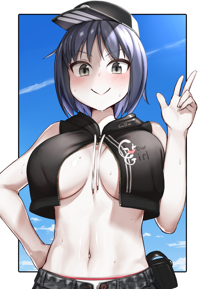 1girl absurdres arm_behind_back bangs black_eyes black_headwear black_jacket black_shorts blue_sky blush border breasts closed_mouth clothes_writing clouds colored_skin commentary_request cookie_(touhou) crop_top dark_blue_hair eyebrows_visible_through_hair hat highres jacket looking_at_viewer medium_breasts midriff milk_(cookie) murasa_minamitsu navel no_bra outdoors outside_border panties panty_peek pouch shiny shiny_skin short_hair shorts sinzen sky smile solo touhou underwear upper_body white_border white_panties white_skin zipper zipper_pull_tab