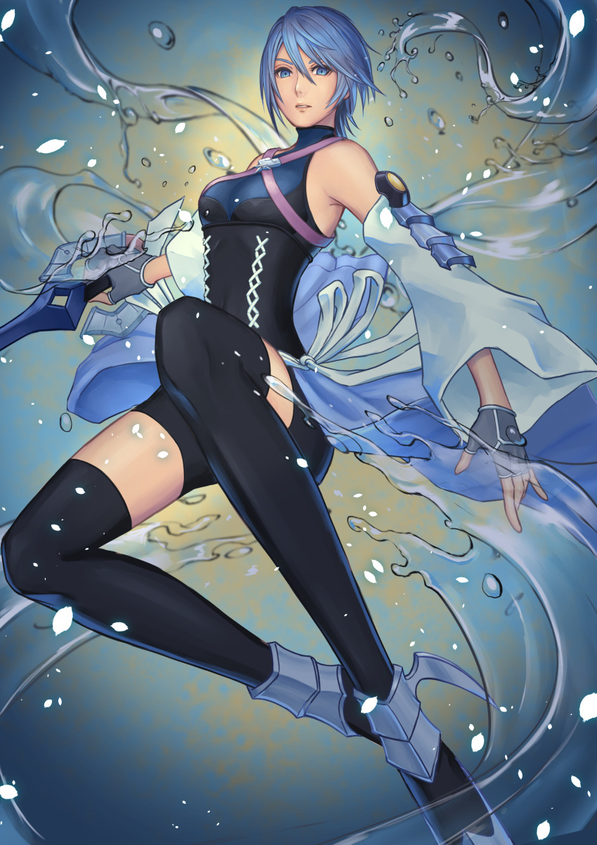 1girl absurdres aqua_(kingdom_hearts) bike_shorts blue_eyes blue_hair detached_sleeves fingerless_gloves gloves highres holding holding_weapon keyblade kingdom_hearts looking_at_viewer parted_lips short_hair showgirl_skirt solo strap thigh-highs water weapon yayokichi3