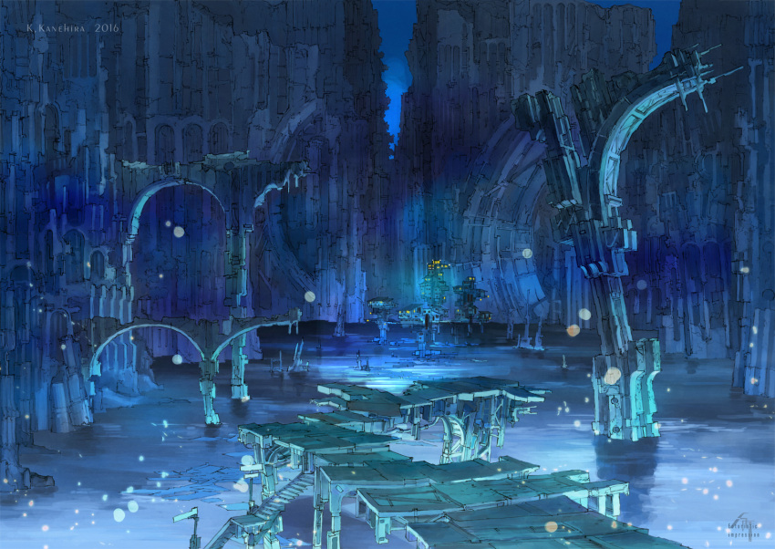artist_name building commentary_request highres k_kanehira night no_humans original outdoors scenery science_fiction stairs water