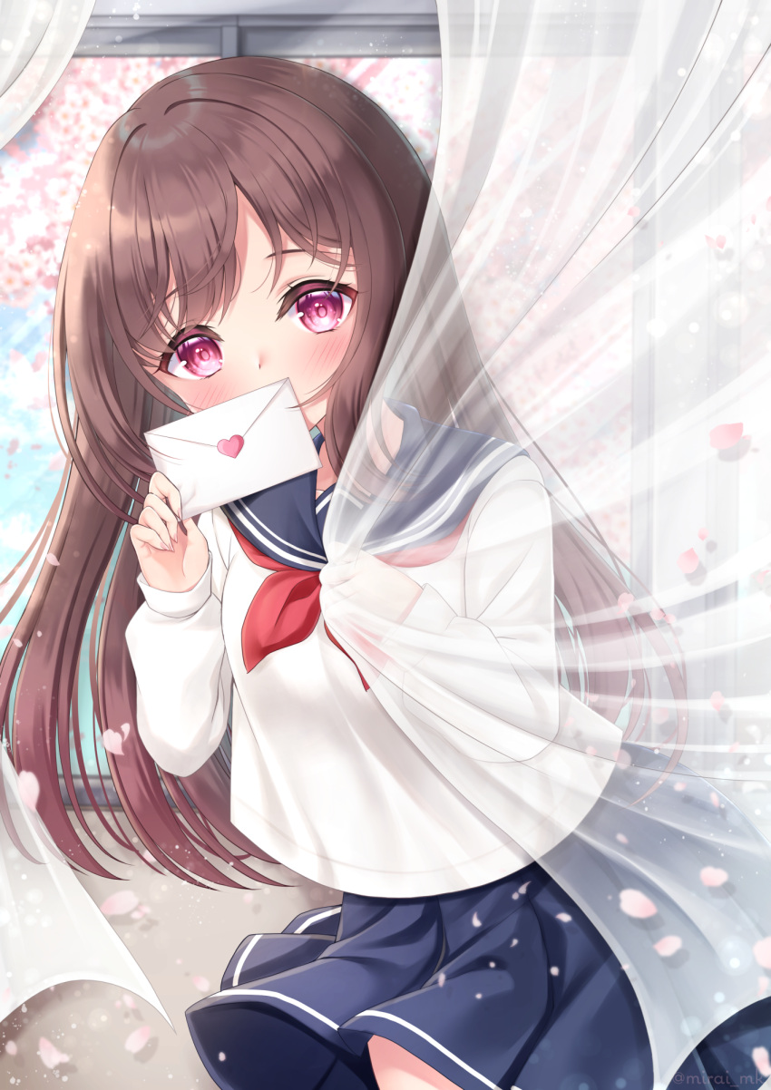 1girl bangs blue_sailor_collar blue_skirt blush breasts brown_hair cherry_blossoms commentary_request covered_mouth curtains day envelope eyebrows_visible_through_hair heart highres holding holding_envelope indoors long_hair long_sleeves looking_at_viewer love_letter mirai_(happy-floral) neckerchief original petals pleated_skirt red_neckwear sailor_collar school_uniform serafuku shirt skirt sleeves_past_wrists small_breasts solo transparent very_long_hair violet_eyes white_shirt window