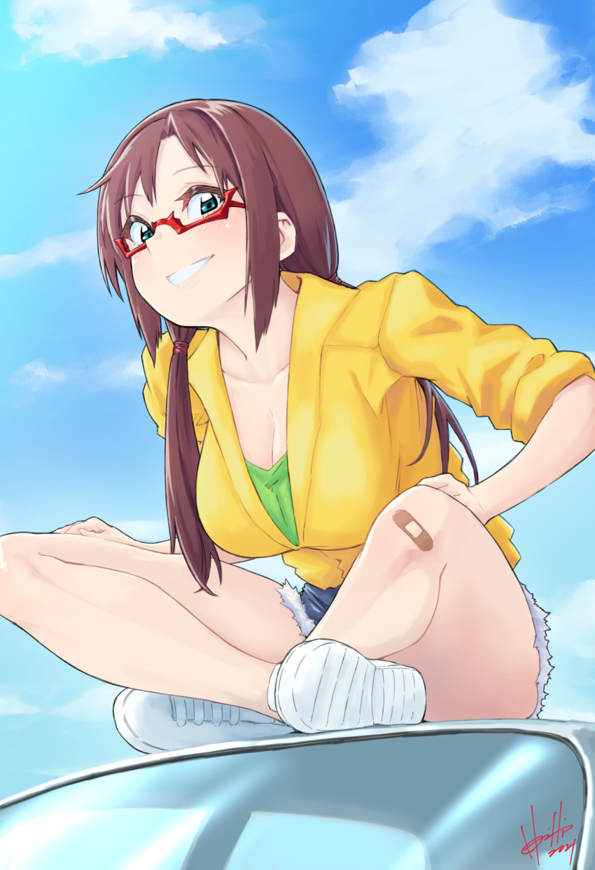 1girl bandaid bandaid_on_knee blue_eyes brown_hair casual commentary_request denim denim_shorts glasses highres hori_shin indian_style looking_at_viewer low_twintails makinami_mari_illustrious neon_genesis_evangelion outdoors shoes shorts sitting sky sleeves_rolled_up smile sneakers solo twintails
